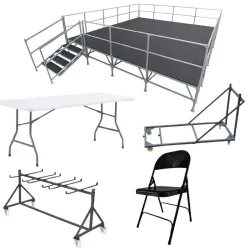 Lot complet avec chaises tables chariots et podium pour collectivités professionnels ou associations