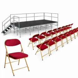 Lot de chaises en velours pliantes et podium pour salles des fêtes