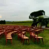 Chaises en bois alignées dans un champ pour une cérémonie