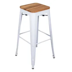 Tabouret de bar métallique structure blanche et assise bois clair