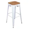 Tabouret de bar métallique structure blanche et assise bois clair